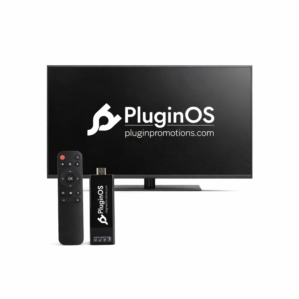Plugin TV stick connected to a TV showing PluginOS